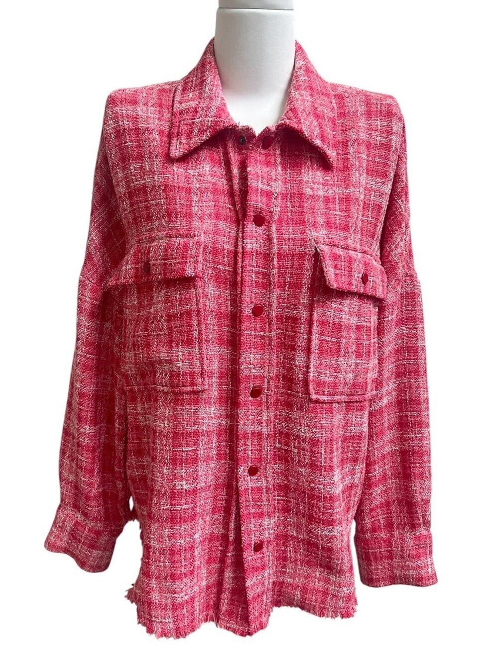 ZARA Red Pink Plaid Tweed Oversized Shacket Snap Button Down Jacket Raw Hem Sz S